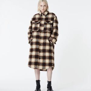 The Kooples Oversized Wool-Blend Brown Check Long Shirt Jacket/Coat
